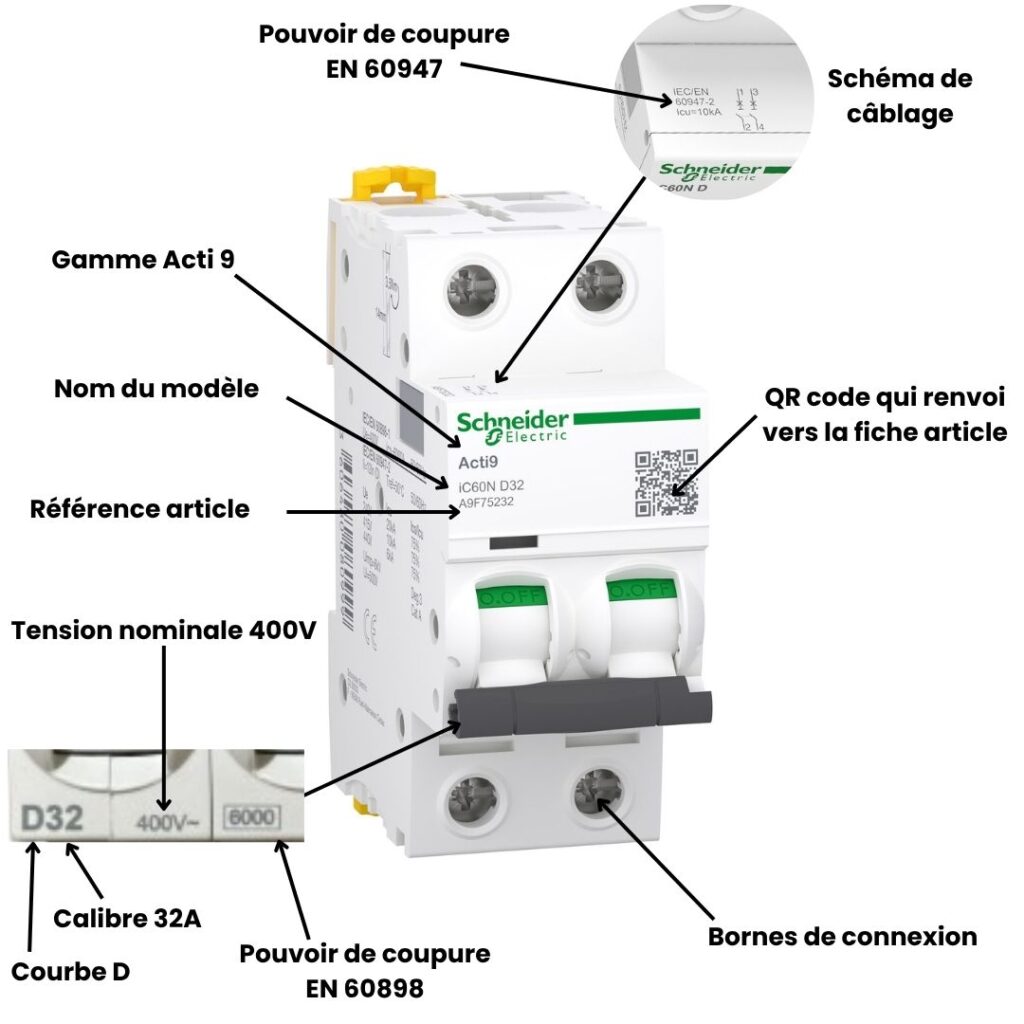Schéma des éléments d'un disjoncteur Schneider